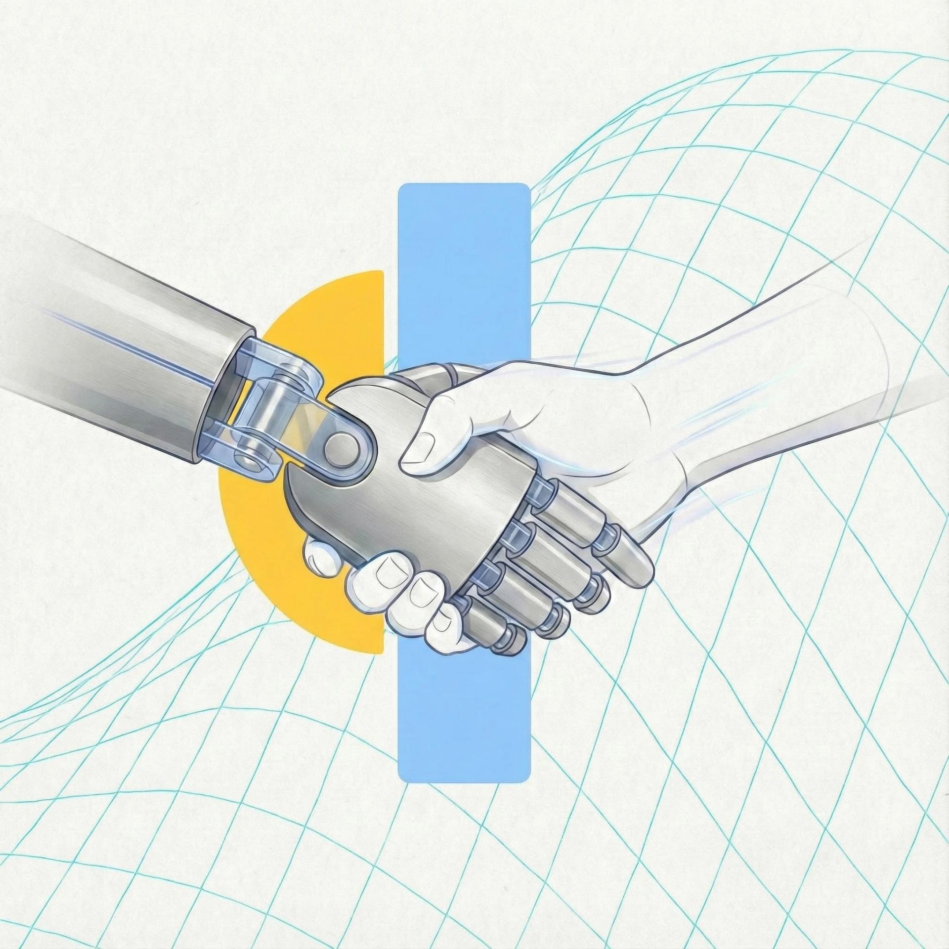 AI Collaboration - Robotic arm shaking hands with human